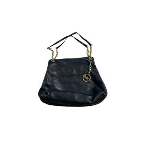 Michael Kors Black Leather Gold‎ Chain Strap Tote Shoulder Bag w/ Logo Charm EUC
